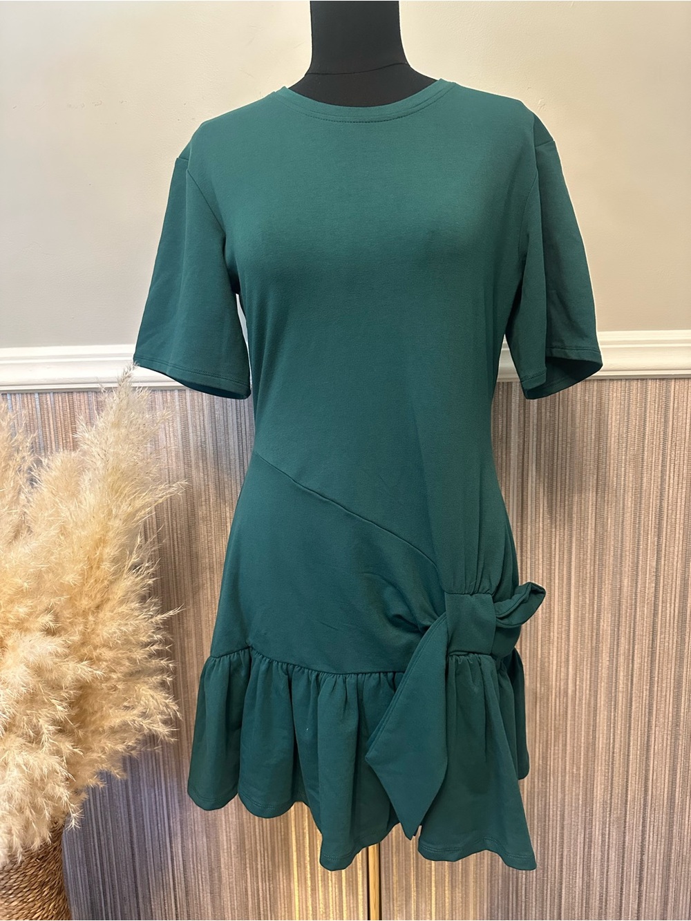 Anthropologie Daily Practice Green Tie Waist Ruffle Hem Knit Dress Small Petite
